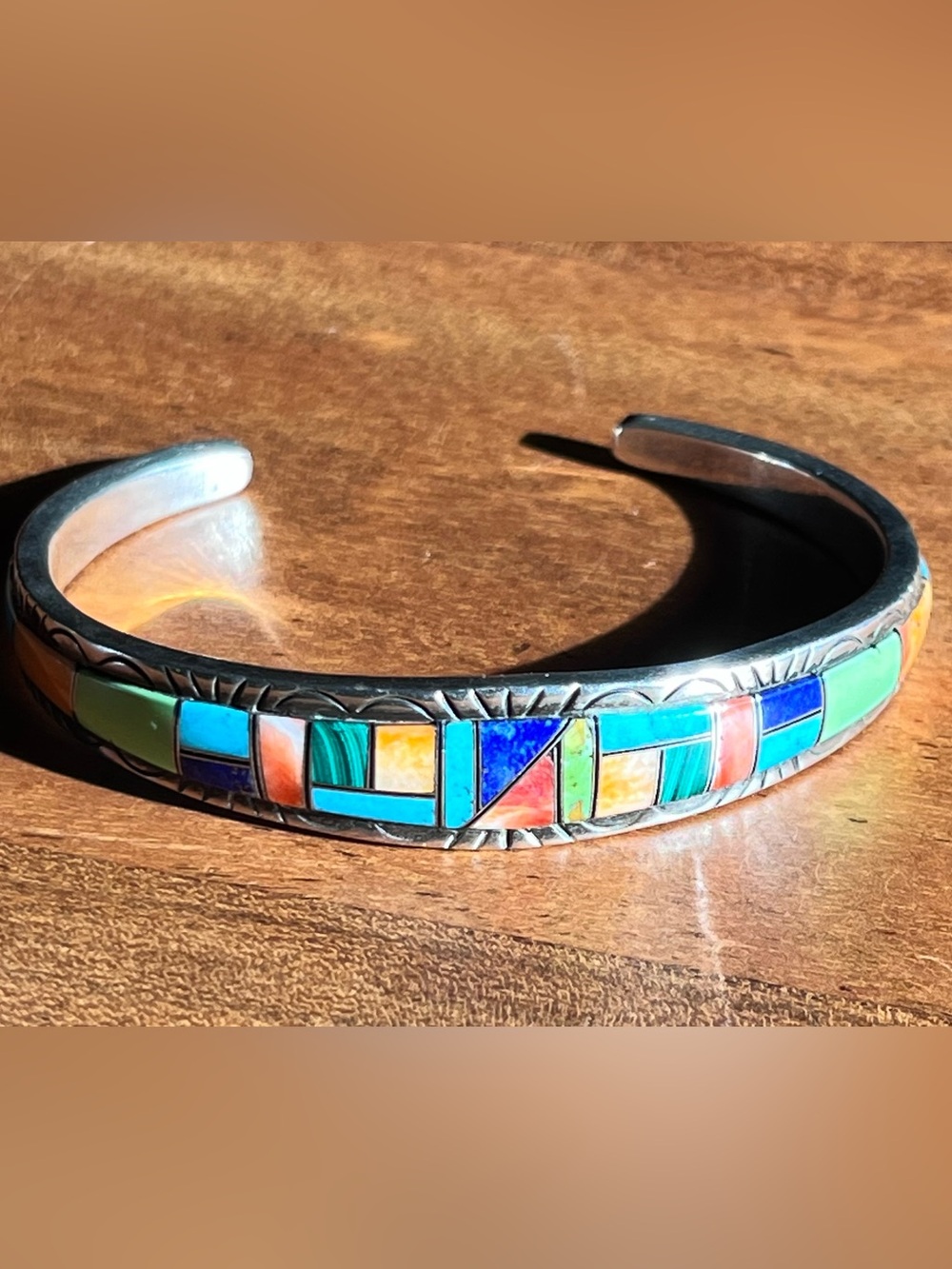 VTG NAVAJO TURQUOISE CORAL LAPIS +SHELL INLAY STERLING SILVER BRACELET HANDMADE